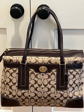 Coach Brown and Cream Signature Tote with Gold Turnlock